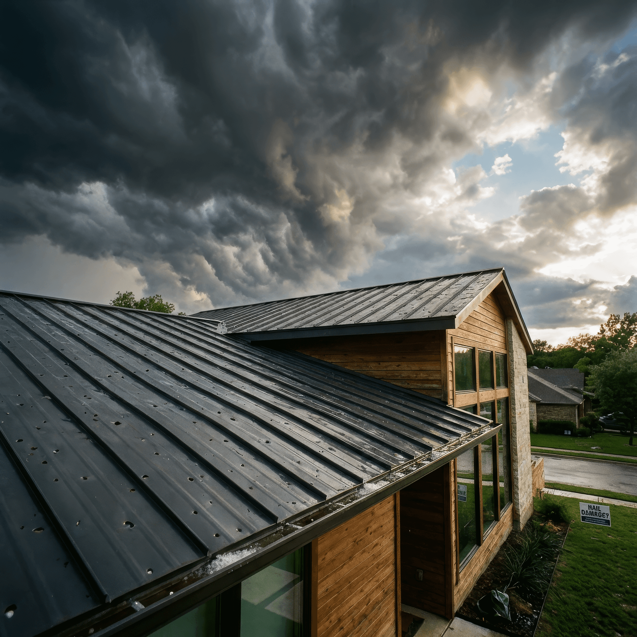 Storm-damaged roof representing hail claim and reroof concerns