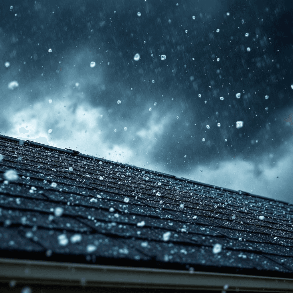 Storm-damaged structure with torn metal roofing